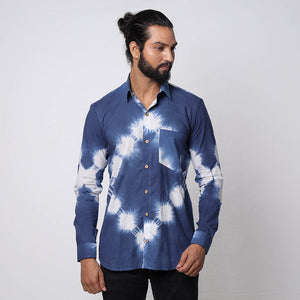 Blue & White - Shibori Tie-Dye Cotton Men Full Sleeve Shirt
