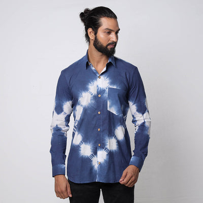 Blue & White - Shibori Tie-Dye Cotton Men Full Sleeve Shirt