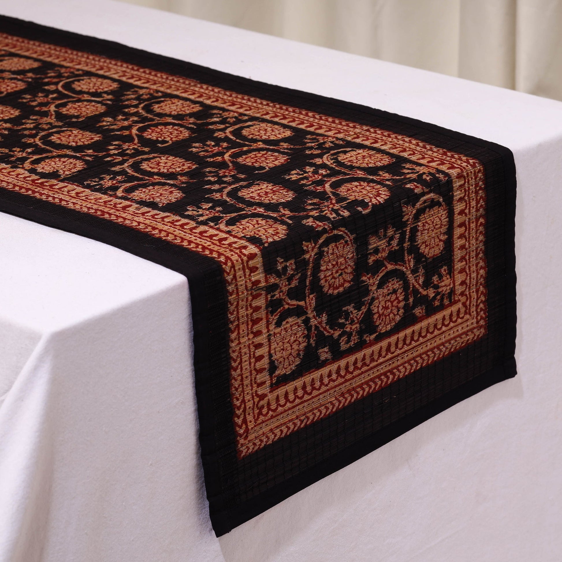Black - Natural Bamboo Bagh Block Printed Dining Table Runner 19