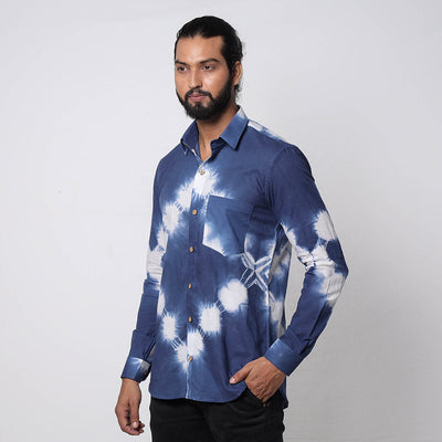 Blue & White - Shibori Tie-Dye Cotton Men Full Sleeve Shirt