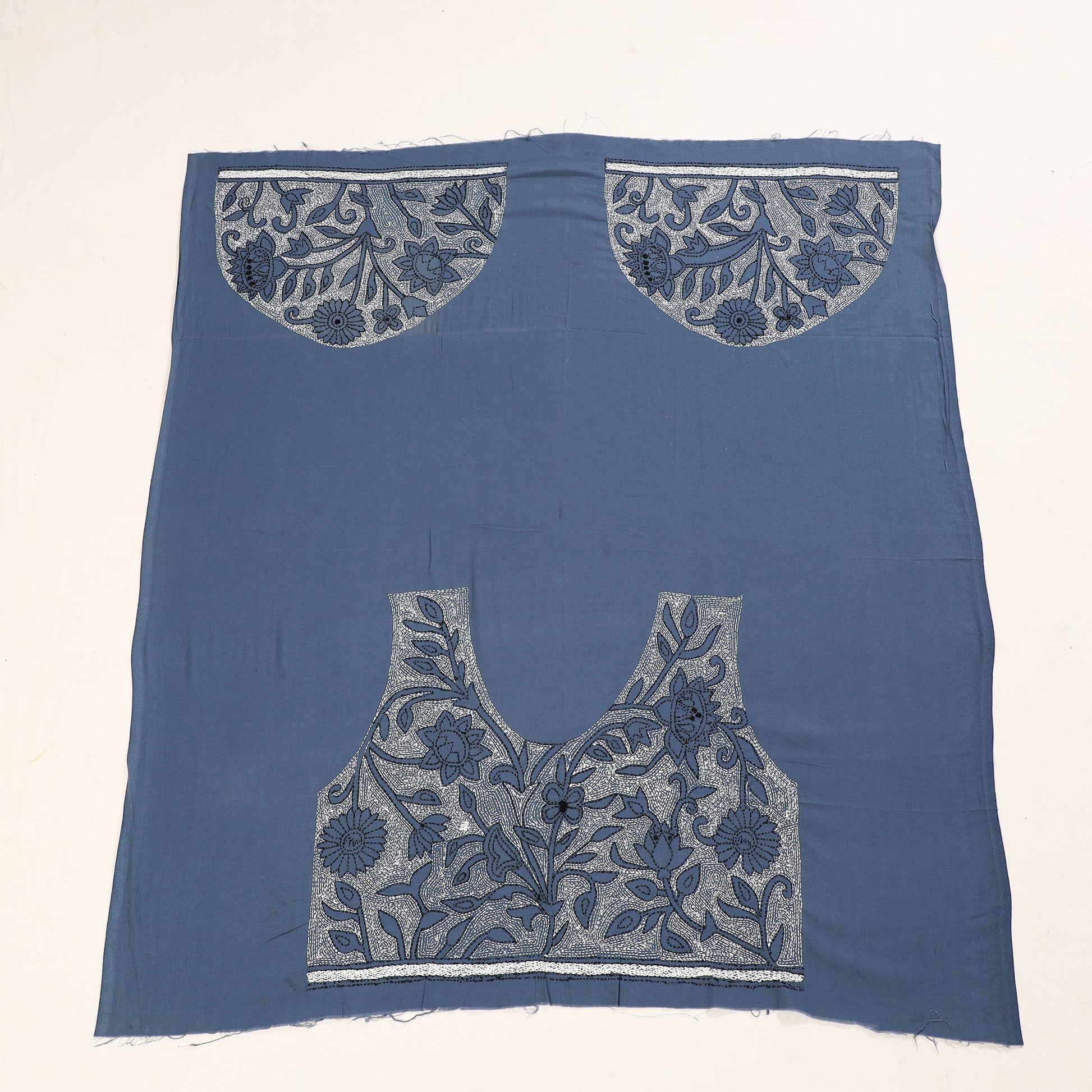 Blue - Bengal Kantha Embroidery Cotton Blouse Piece 44