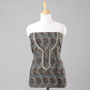 Brown - Bead Work Embroidery Ajrakh Block Printing Cotton Kurta Material - 2.5 meter