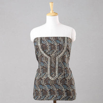 Brown - Bead Work Embroidery Ajrakh Block Printing Cotton Kurta Material - 2.5 meter