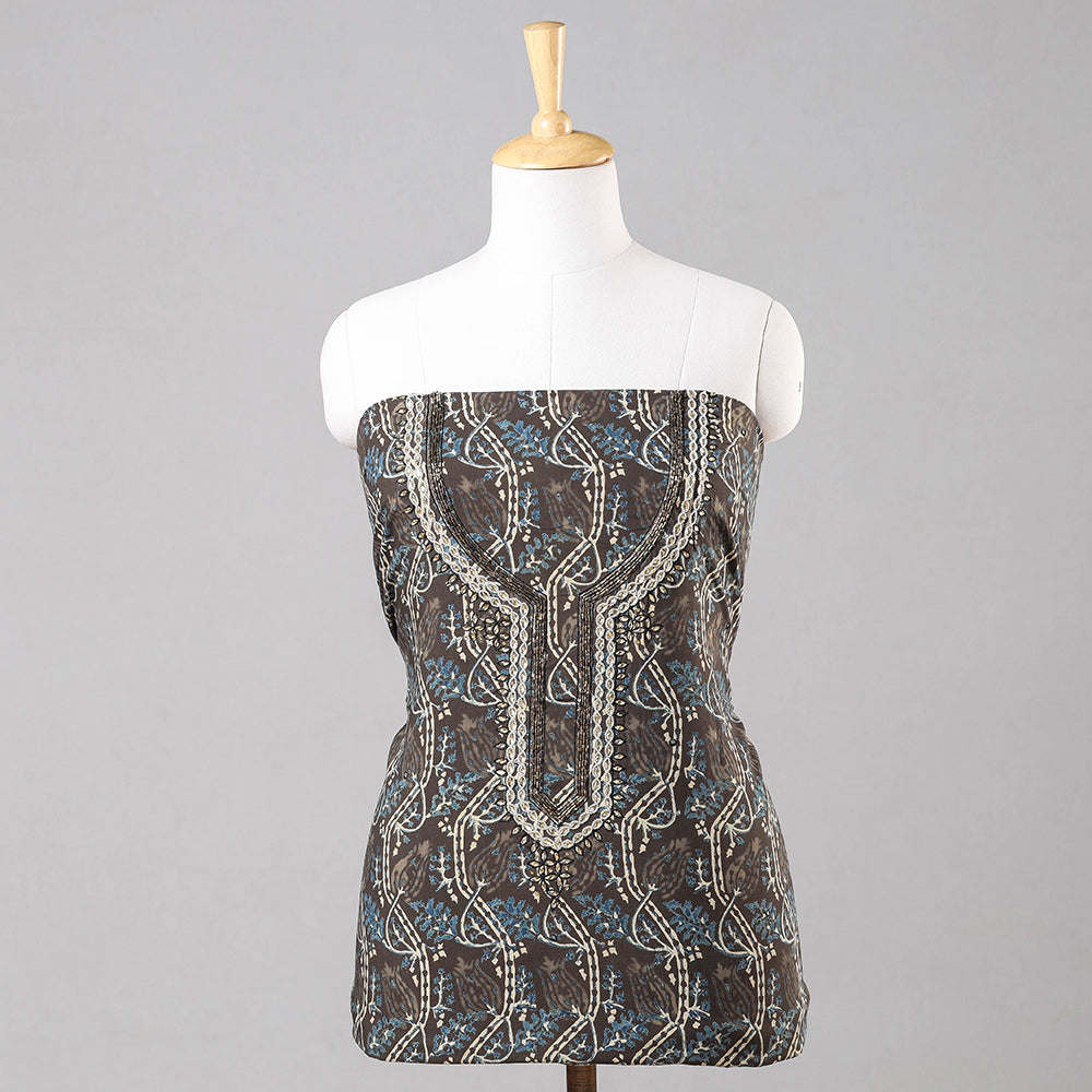 Brown - Bead Work Embroidery Ajrakh Block Printing Cotton Kurta Material - 2.5 meter