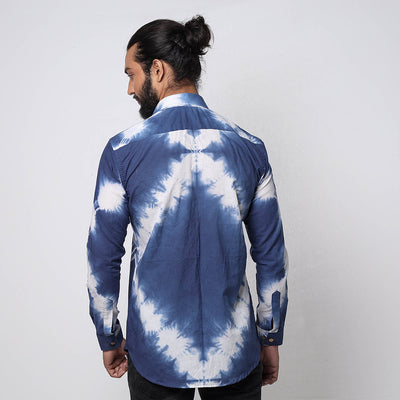 Blue & White - Shibori Tie-Dye Cotton Men Full Sleeve Shirt