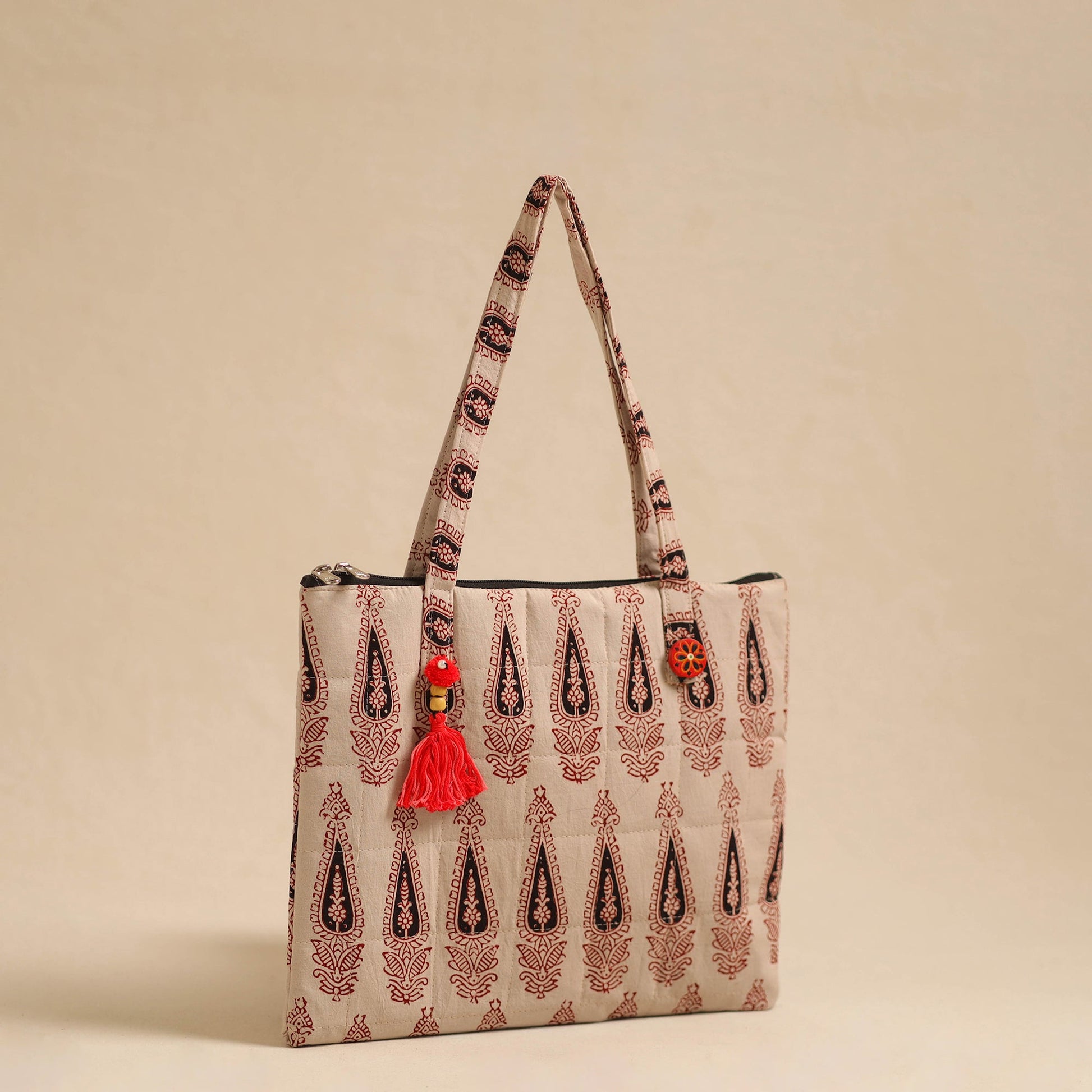 Beige - Handcrafted Quilted Cotton Hand Bag 11