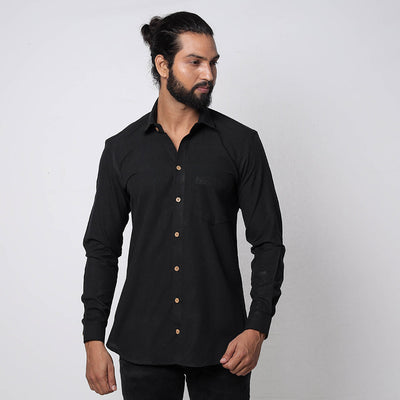 Black - Jhiri Handloom Cotton Men Full Sleeve Shirt