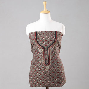 Brown - Bead Work Embroidery Ajrakh Block Printed Cotton Kurta Material - 2.5 meter