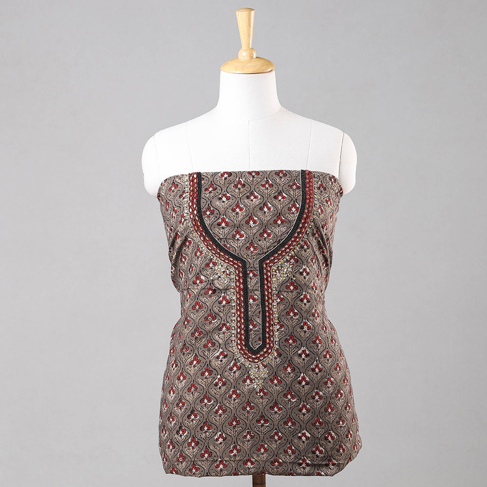 Brown - Bead Work Embroidery Ajrakh Block Printed Cotton Kurta Material - 2.5 meter