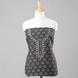 Brown - Bead Work Embroidery Ajrakh Block Printed Cotton Kurta Material - 2.5 meter