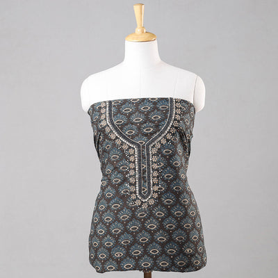 Brown - Bead Work Embroidery Ajrakh Block Printed Cotton Kurta Material - 2.5 meter