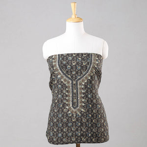 Brown - Bead Work Embroidery Ajrakh Block Printed Cotton Kurta Material - 2.5 meter