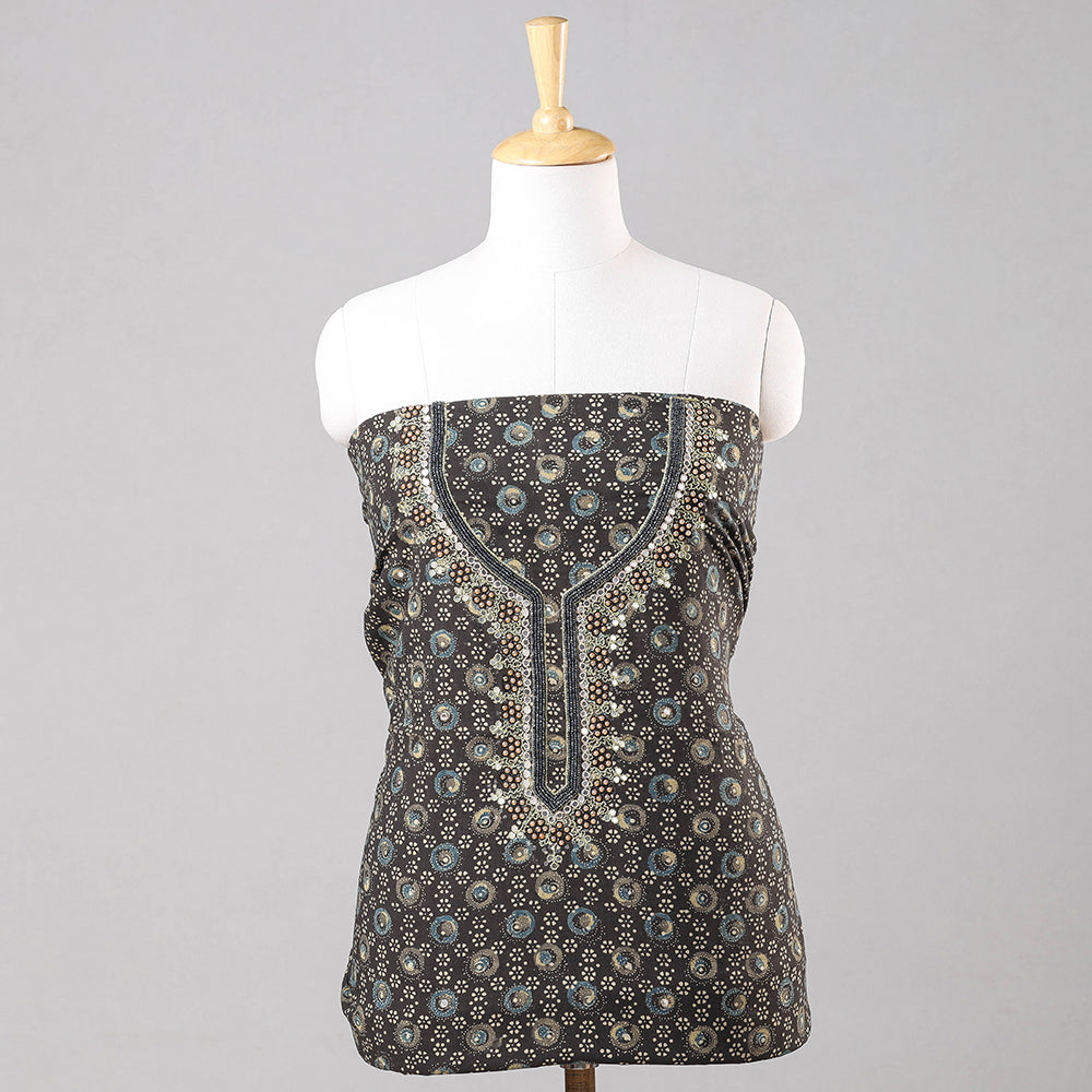 Brown - Bead Work Embroidery Ajrakh Block Printed Cotton Kurta Material - 2.5 meter