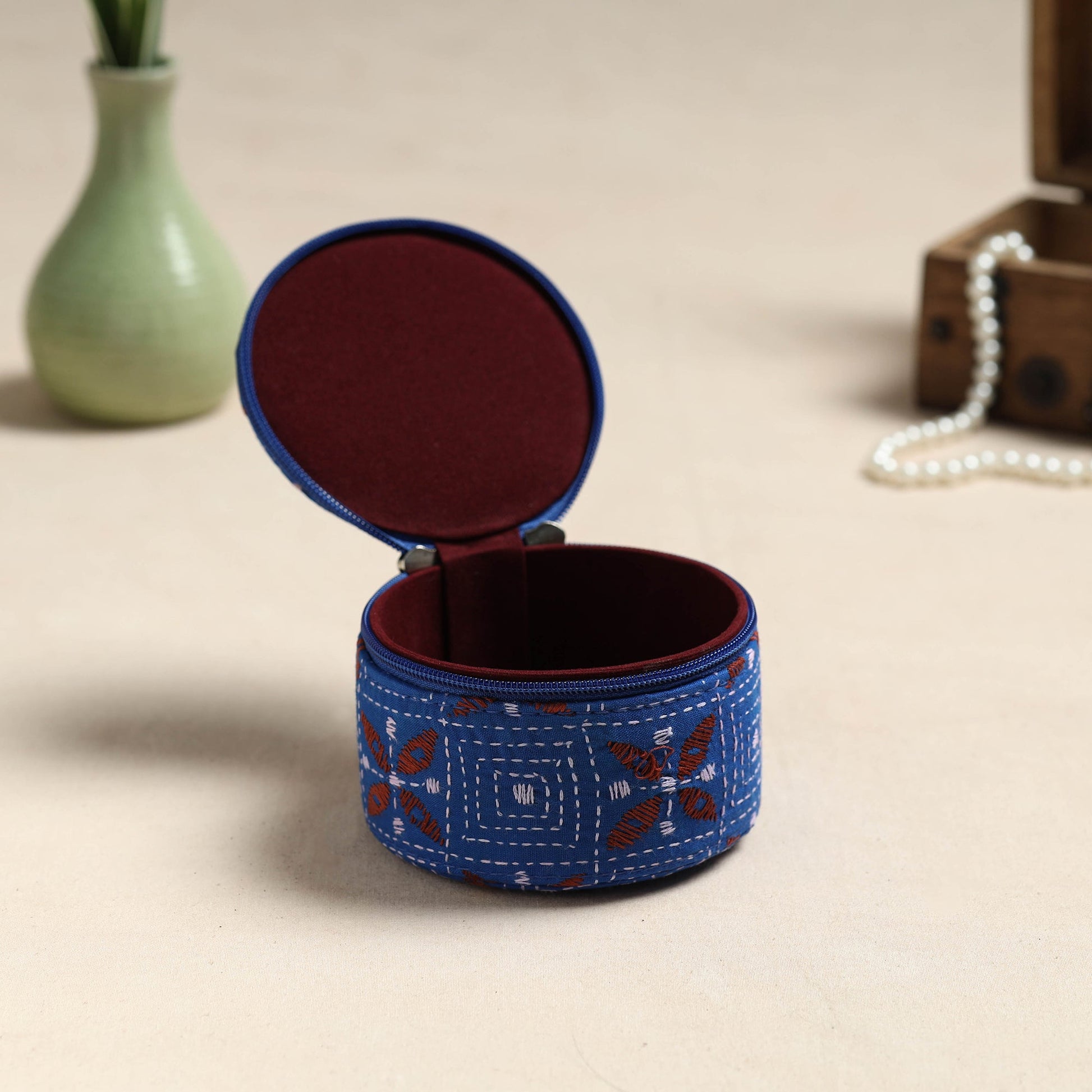Bengal Kantha Work Handcrafted Round Utility Box