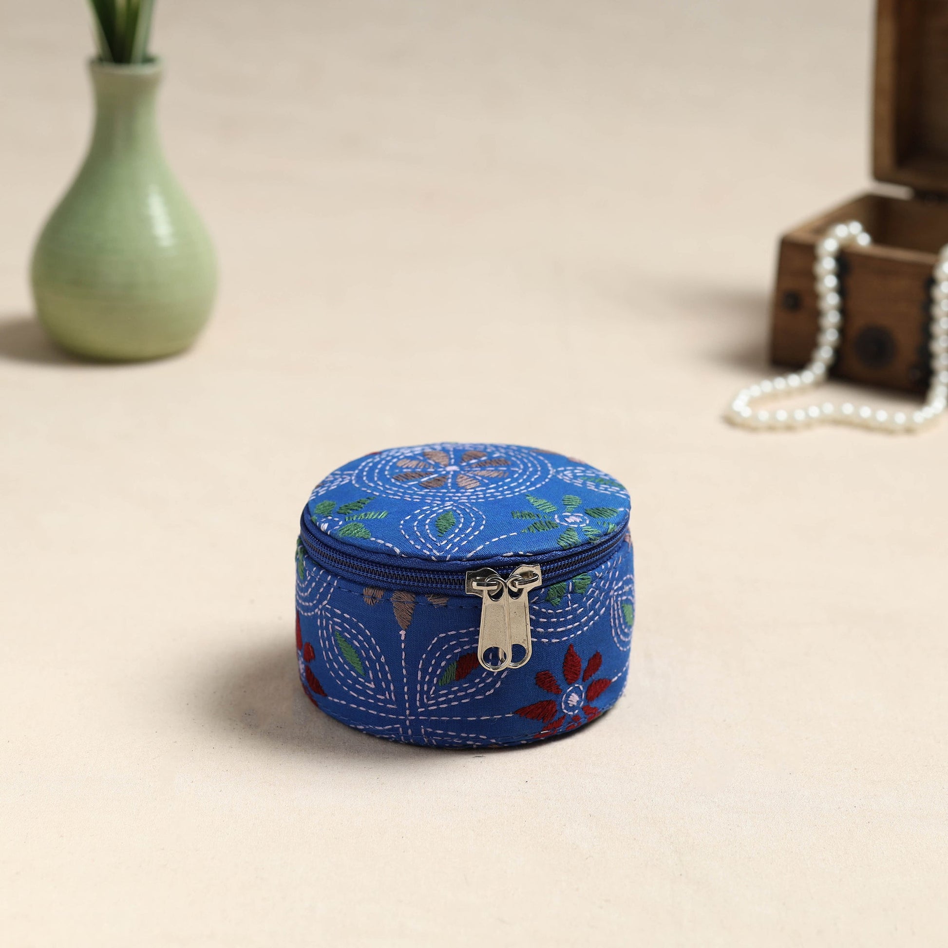 Bengal Kantha Work Handcrafted Round Utility Box