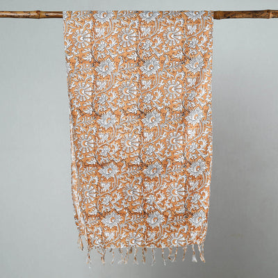 Brown - Sanganeri Block Printed Cotton Stole with Tassels 44