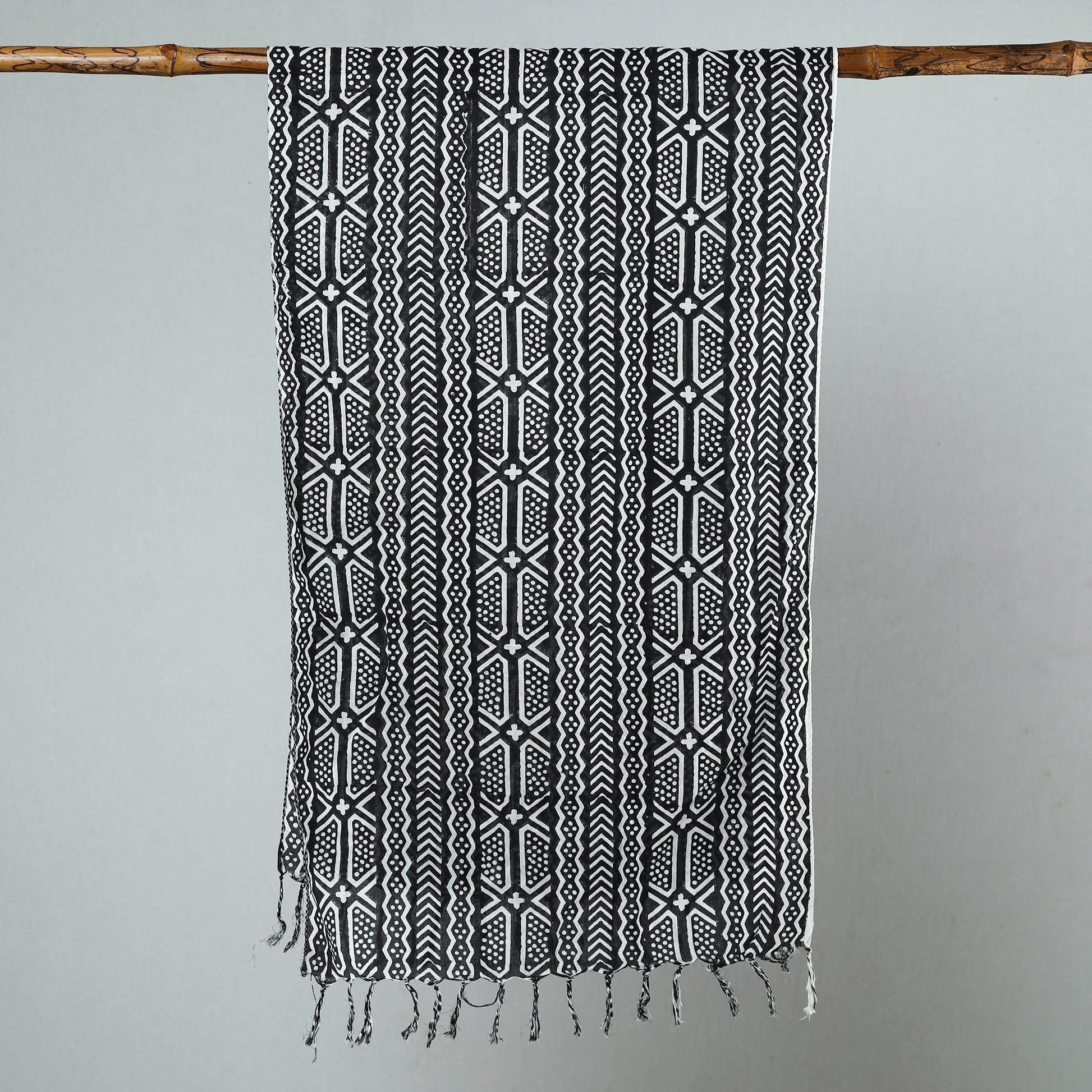 Black - Sanganeri Block Printed Cotton Stole with Tassels 41