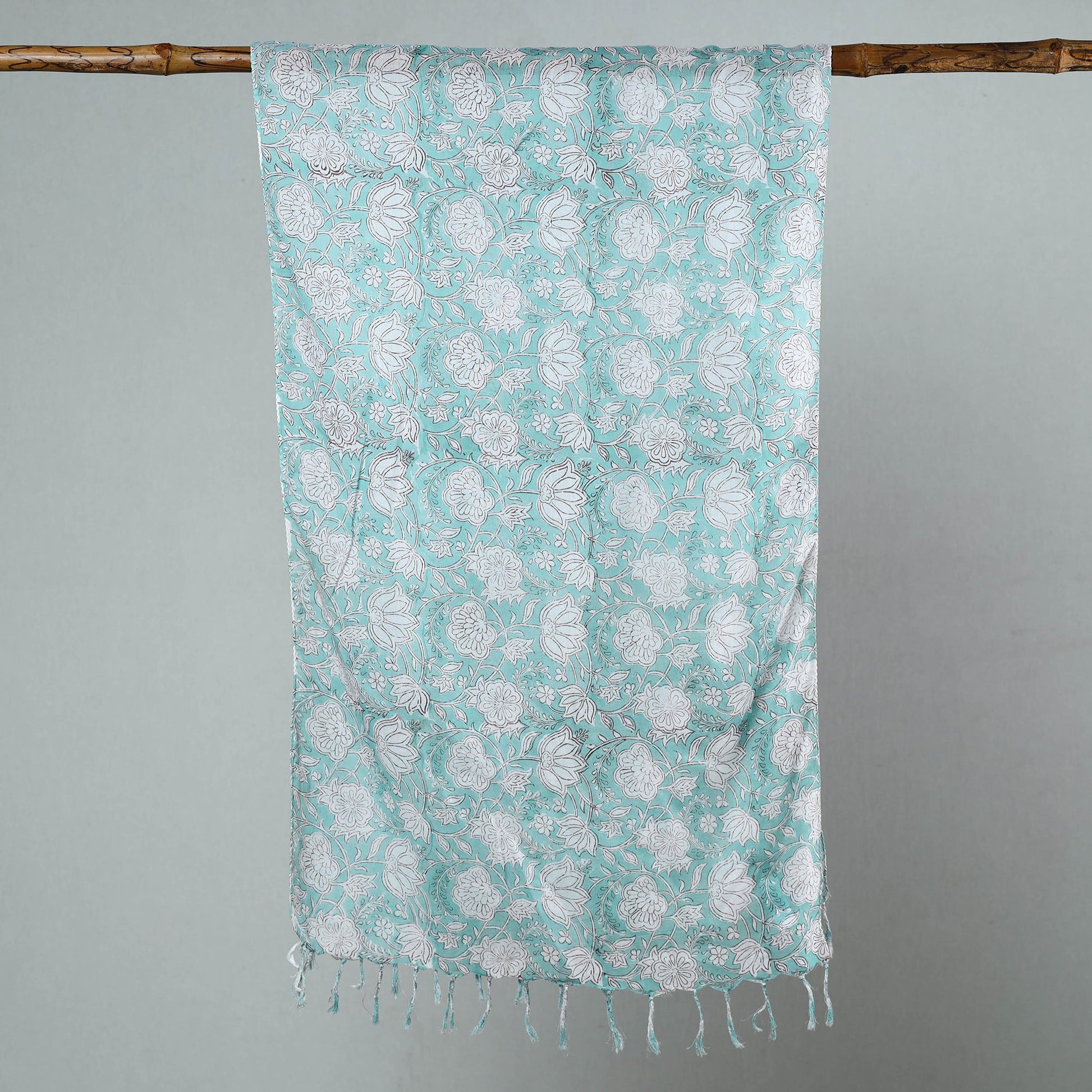 Aqua Blue - Sanganeri Block Printed Cotton Stole with Tassels 40