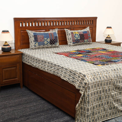 Beige - Patchwork Ajrakh Cotton Double Bed Sheet Set 04