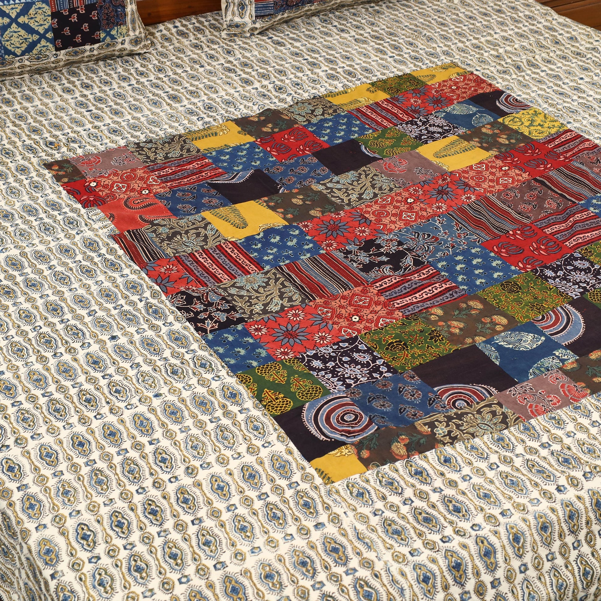 Beige - Patchwork Ajrakh Cotton Double Bed Sheet Set 04
