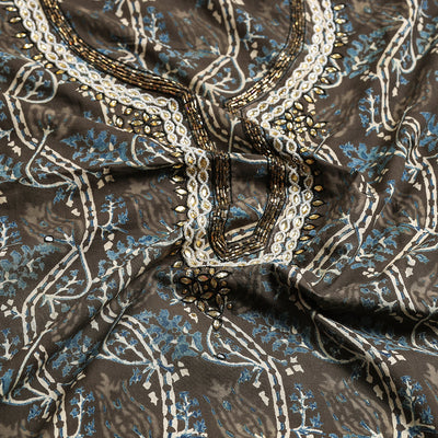Brown - Bead Work Embroidery Ajrakh Block Printing Cotton Kurta Material - 2.5 meter