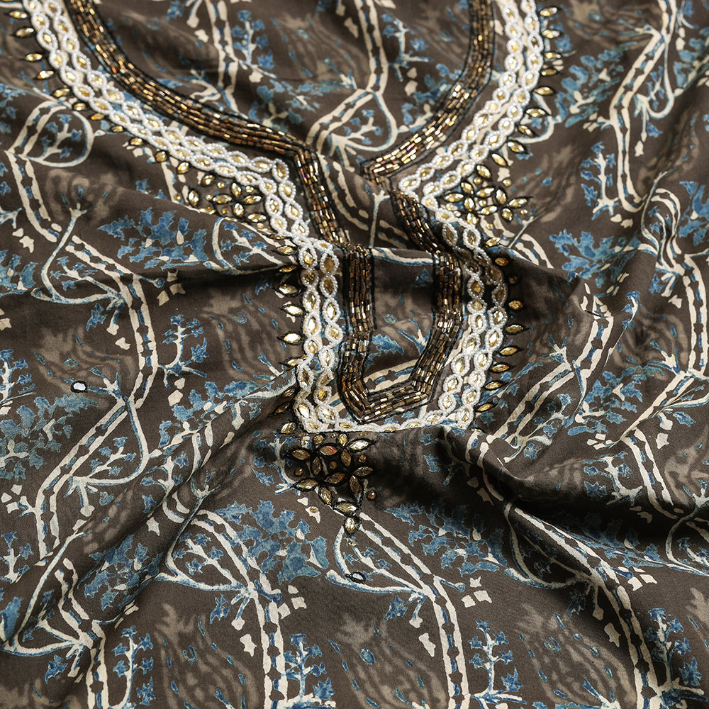 Brown - Bead Work Embroidery Ajrakh Block Printing Cotton Kurta Material - 2.5 meter
