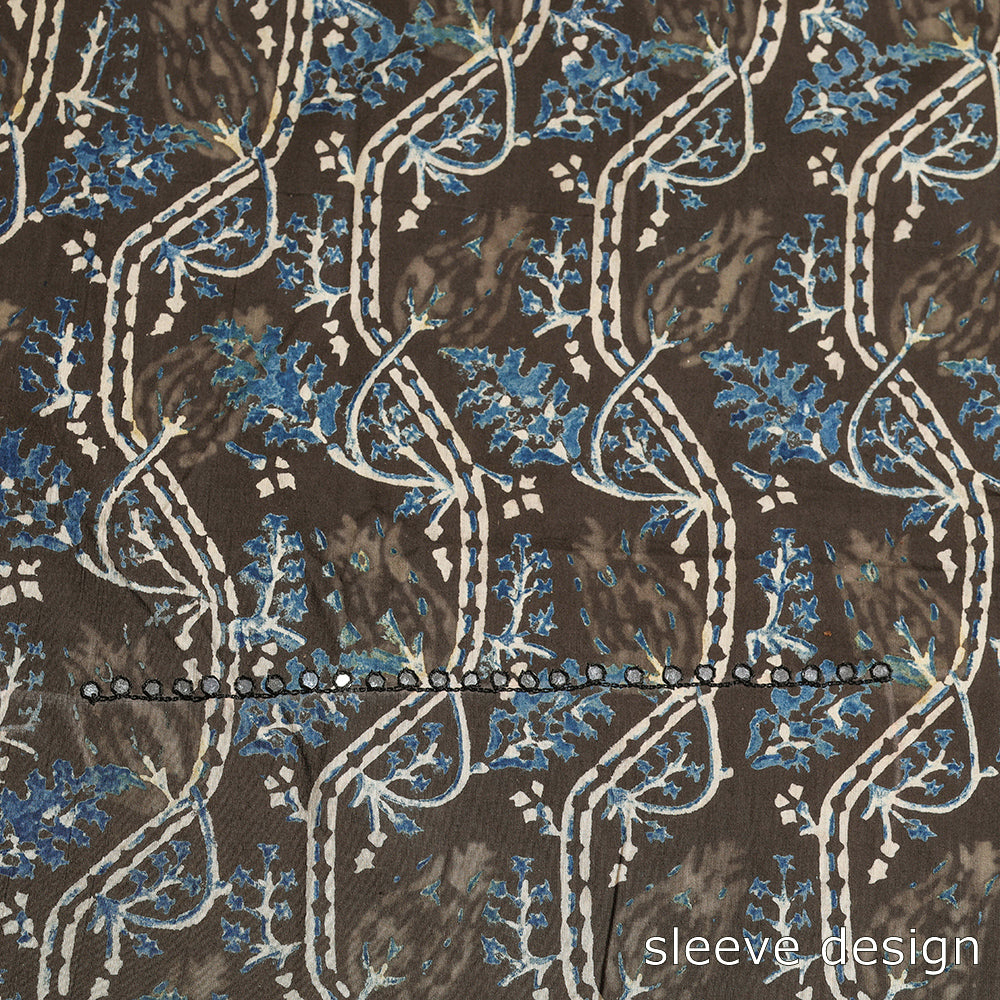 Brown - Bead Work Embroidery Ajrakh Block Printing Cotton Kurta Material - 2.5 meter