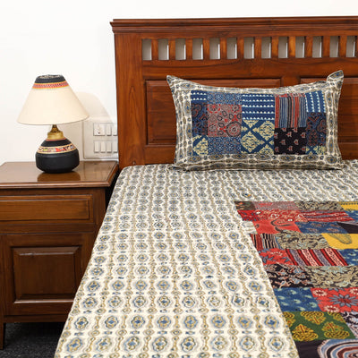 Beige - Patchwork Ajrakh Cotton Double Bed Sheet Set 04