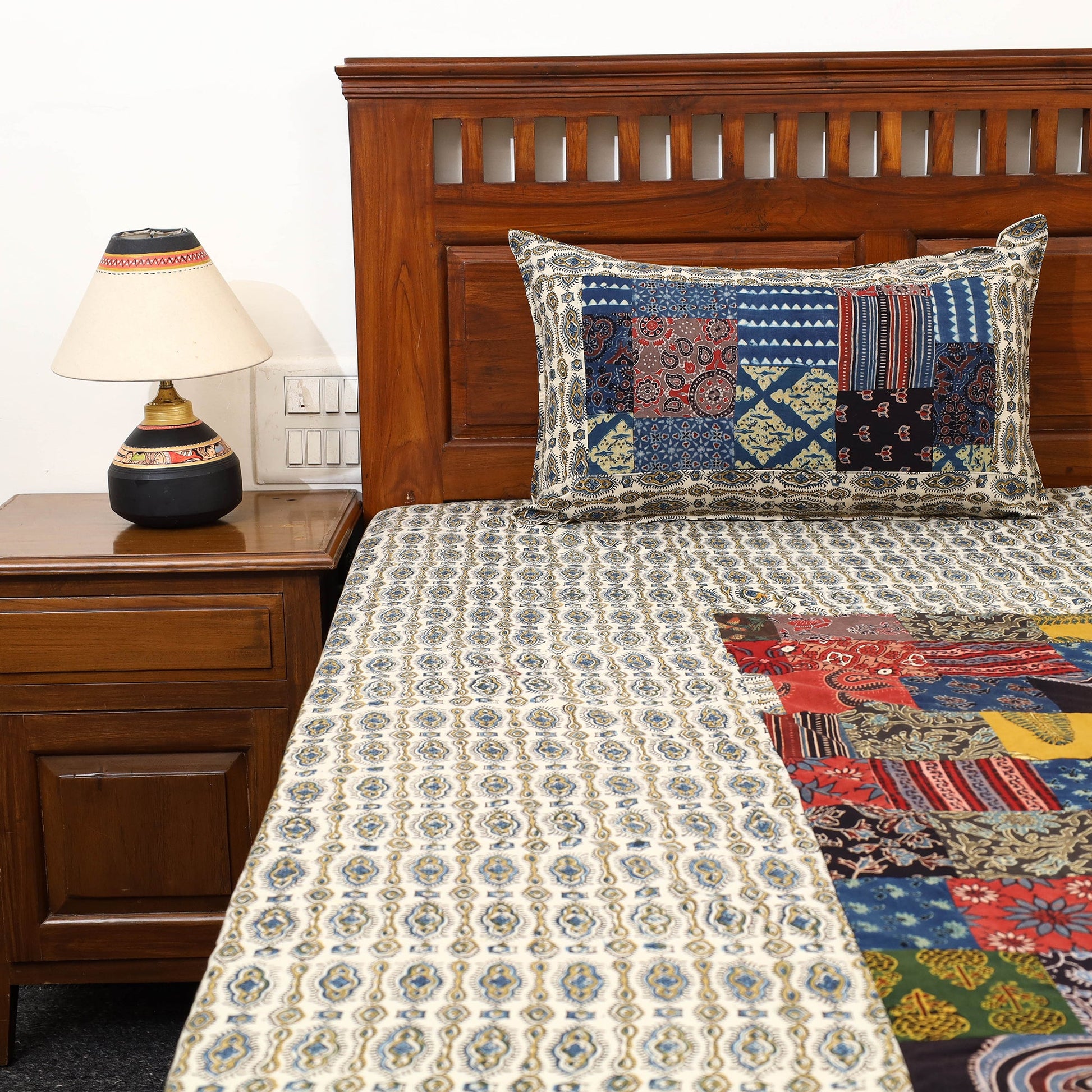 Beige - Patchwork Ajrakh Cotton Double Bed Sheet Set 04