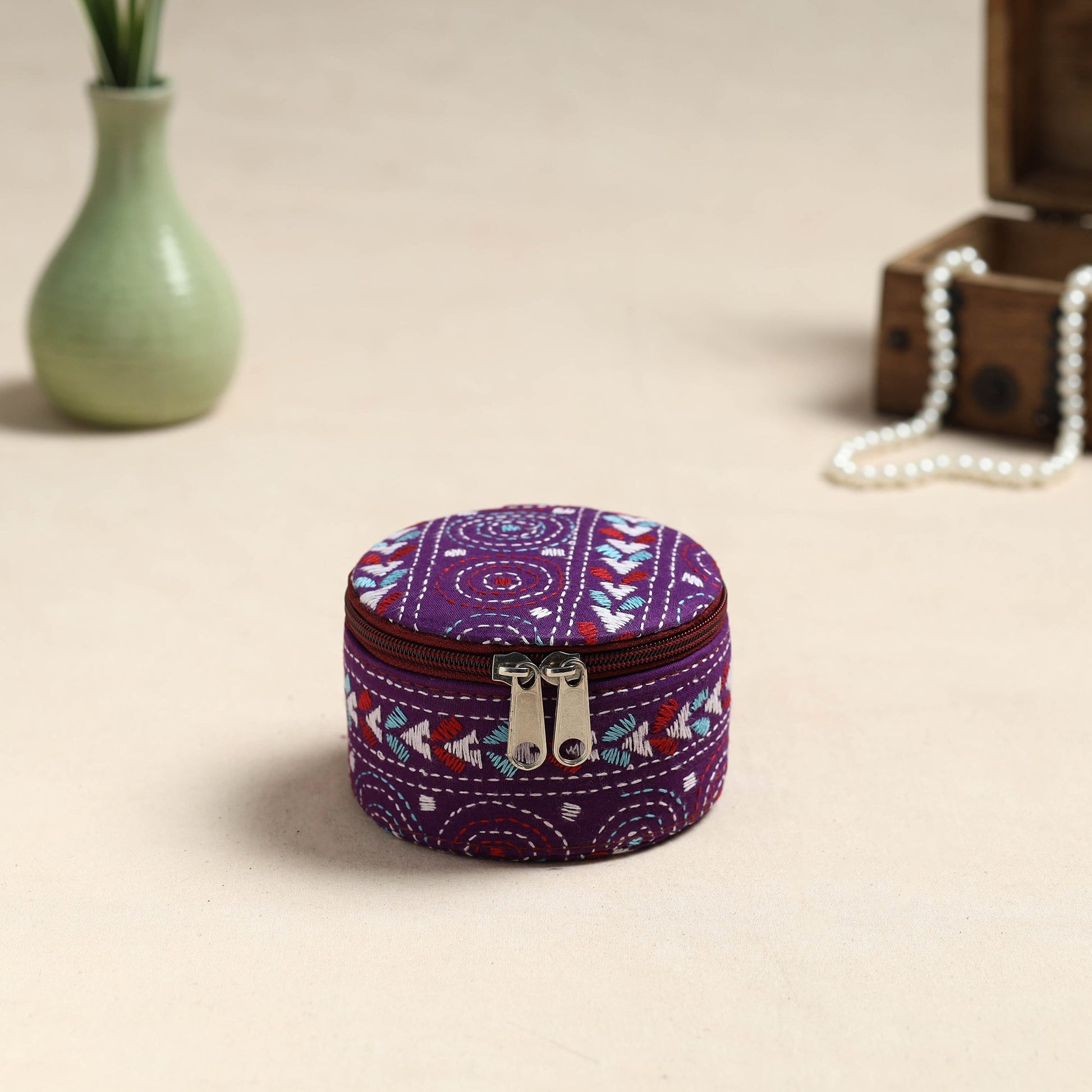 Bengal Kantha Work Handcrafted Round Utility Box