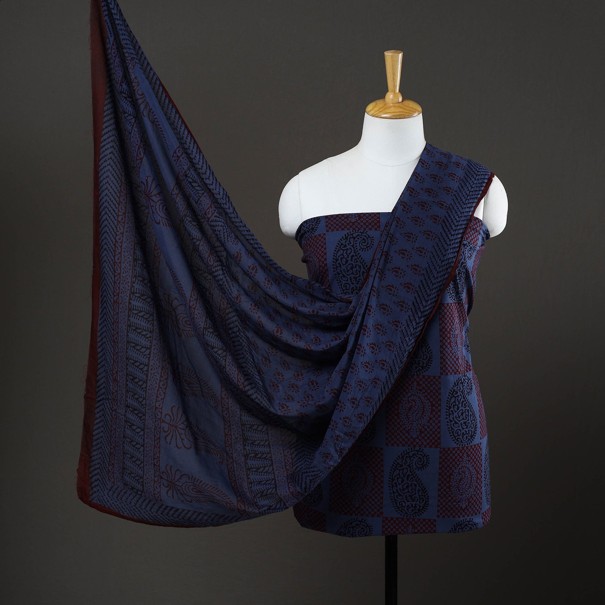 Blue - 3pc Natural Dyed Cotton Bagh Print Dress Material 04