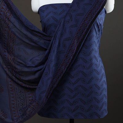 Blue - 3pc Natural Dyed Cotton Bagh Print Dress Material 03