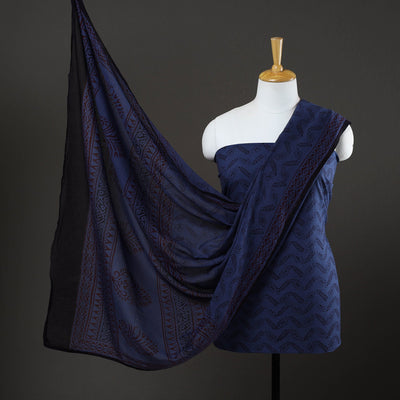Blue - 3pc Natural Dyed Cotton Bagh Print Dress Material 03