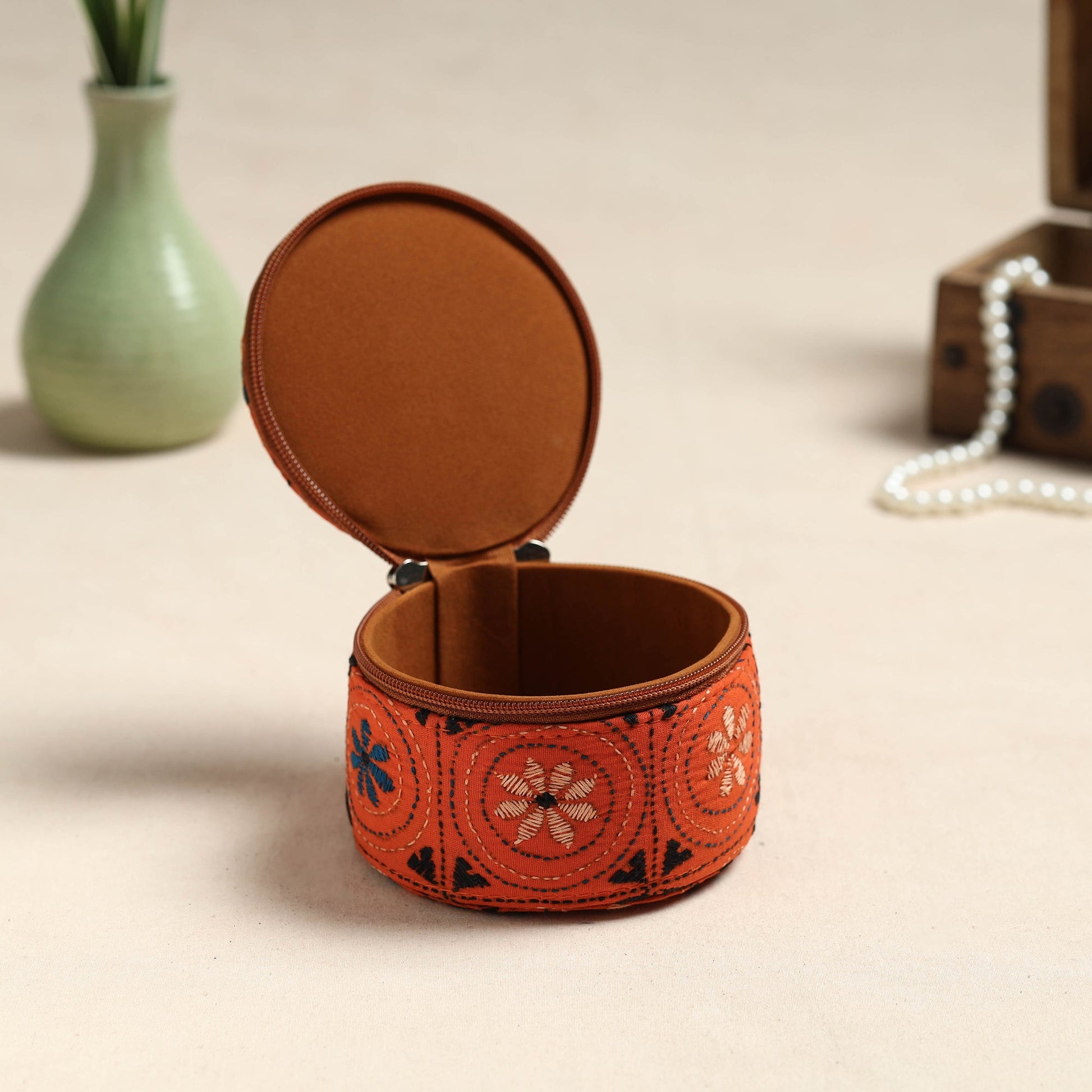 Bengal Kantha Work Handcrafted Round Utility Box