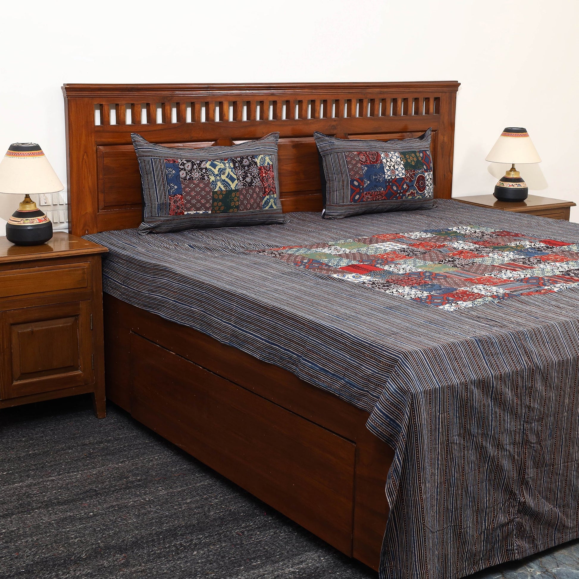 Black - Patchwork Ajrakh Cotton Double Bed Sheet Set 06