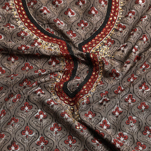 Brown - Bead Work Embroidery Ajrakh Block Printed Cotton Kurta Material - 2.5 meter