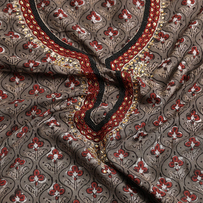 Brown - Bead Work Embroidery Ajrakh Block Printed Cotton Kurta Material - 2.5 meter