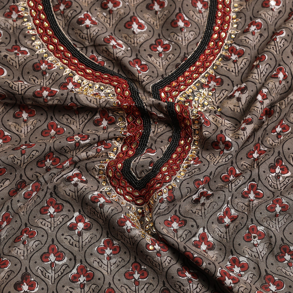 Brown - Bead Work Embroidery Ajrakh Block Printed Cotton Kurta Material - 2.5 meter