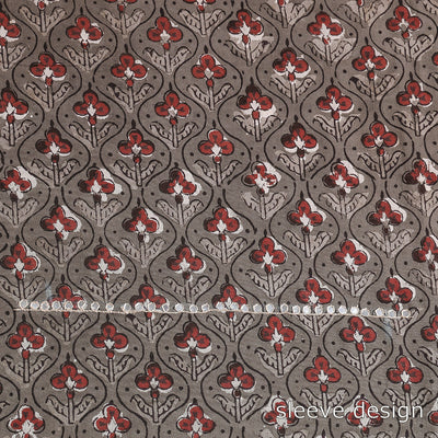Brown - Bead Work Embroidery Ajrakh Block Printed Cotton Kurta Material - 2.5 meter