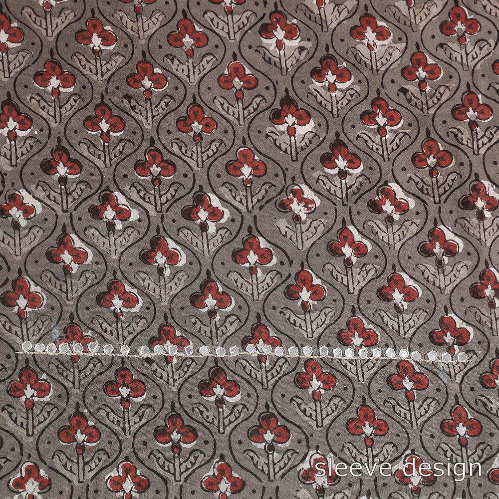 Brown - Bead Work Embroidery Ajrakh Block Printed Cotton Kurta Material - 2.5 meter