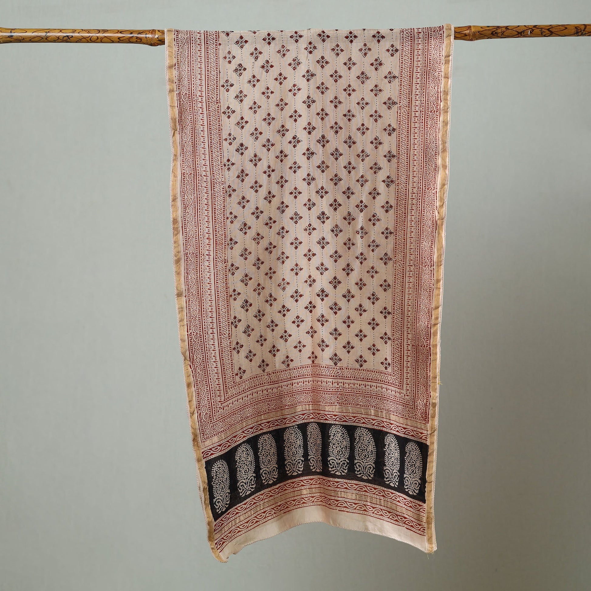 Beige - Bagh Hand Block Printed Chanderi Silk Stole 24