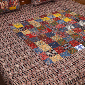 Brown - Patchwork Block Print Ajrakh Cotton Double Bed Sheet Set 07