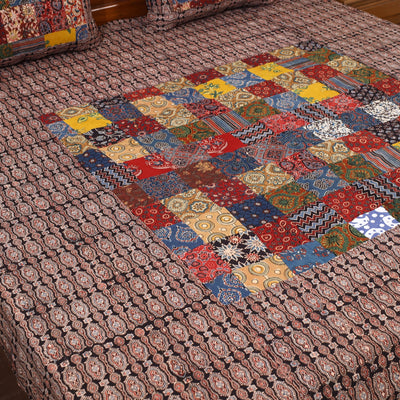 Brown - Patchwork Block Print Ajrakh Cotton Double Bed Sheet Set 07