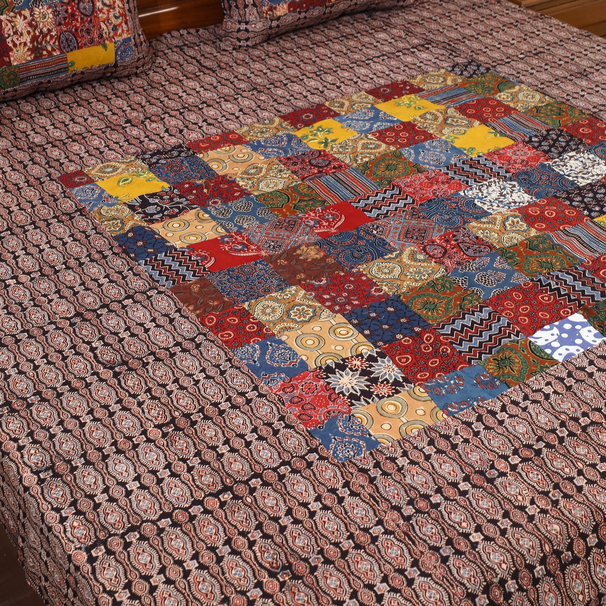 Brown - Patchwork Block Print Ajrakh Cotton Double Bed Sheet Set 07