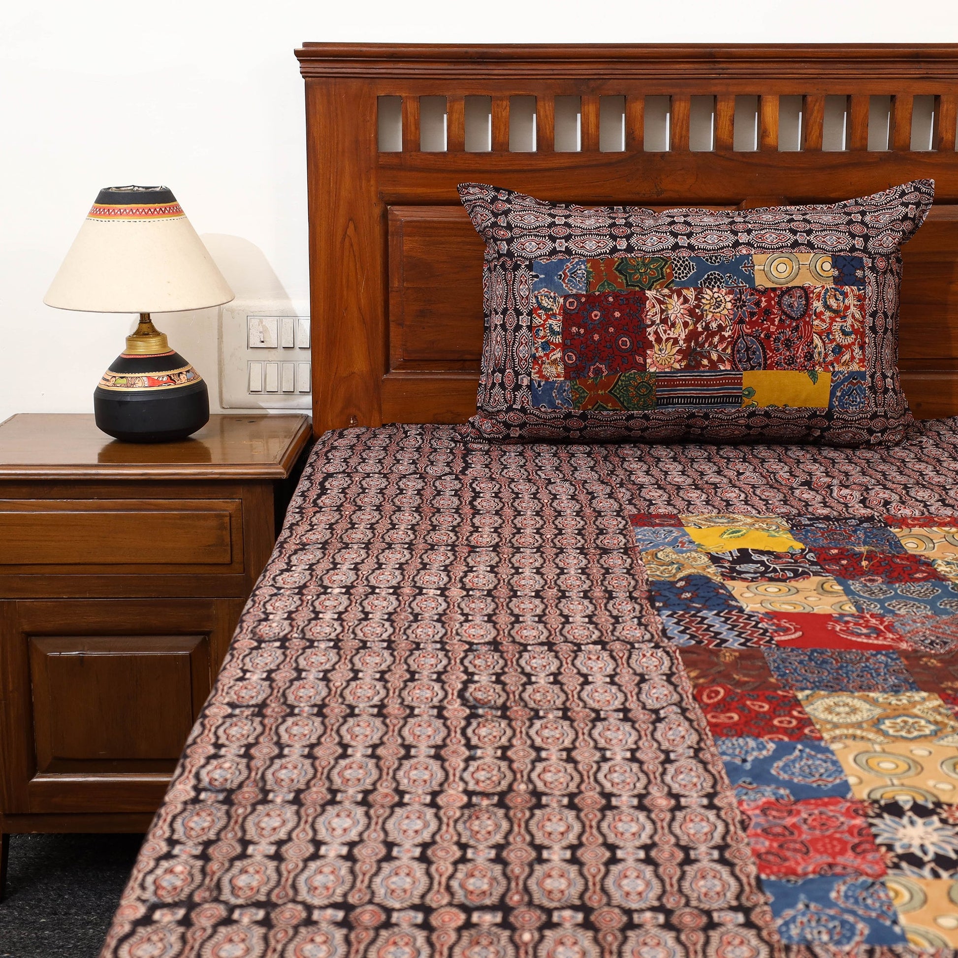 Brown - Patchwork Block Print Ajrakh Cotton Double Bed Sheet Set 07