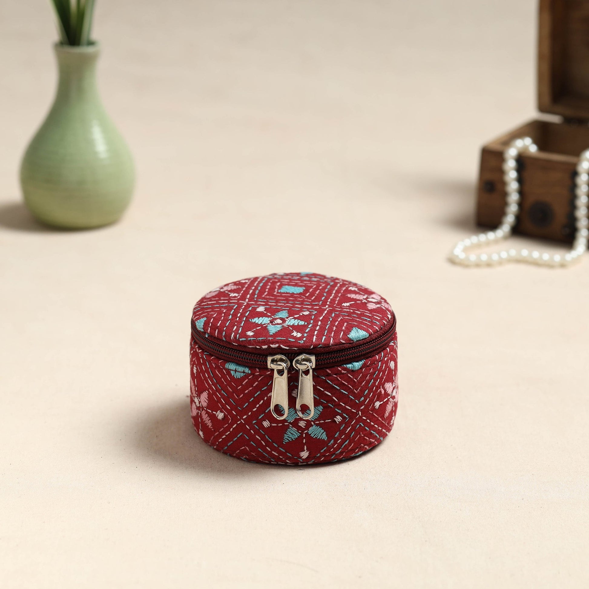 Bengal Kantha Work Handcrafted Round Utility Box
