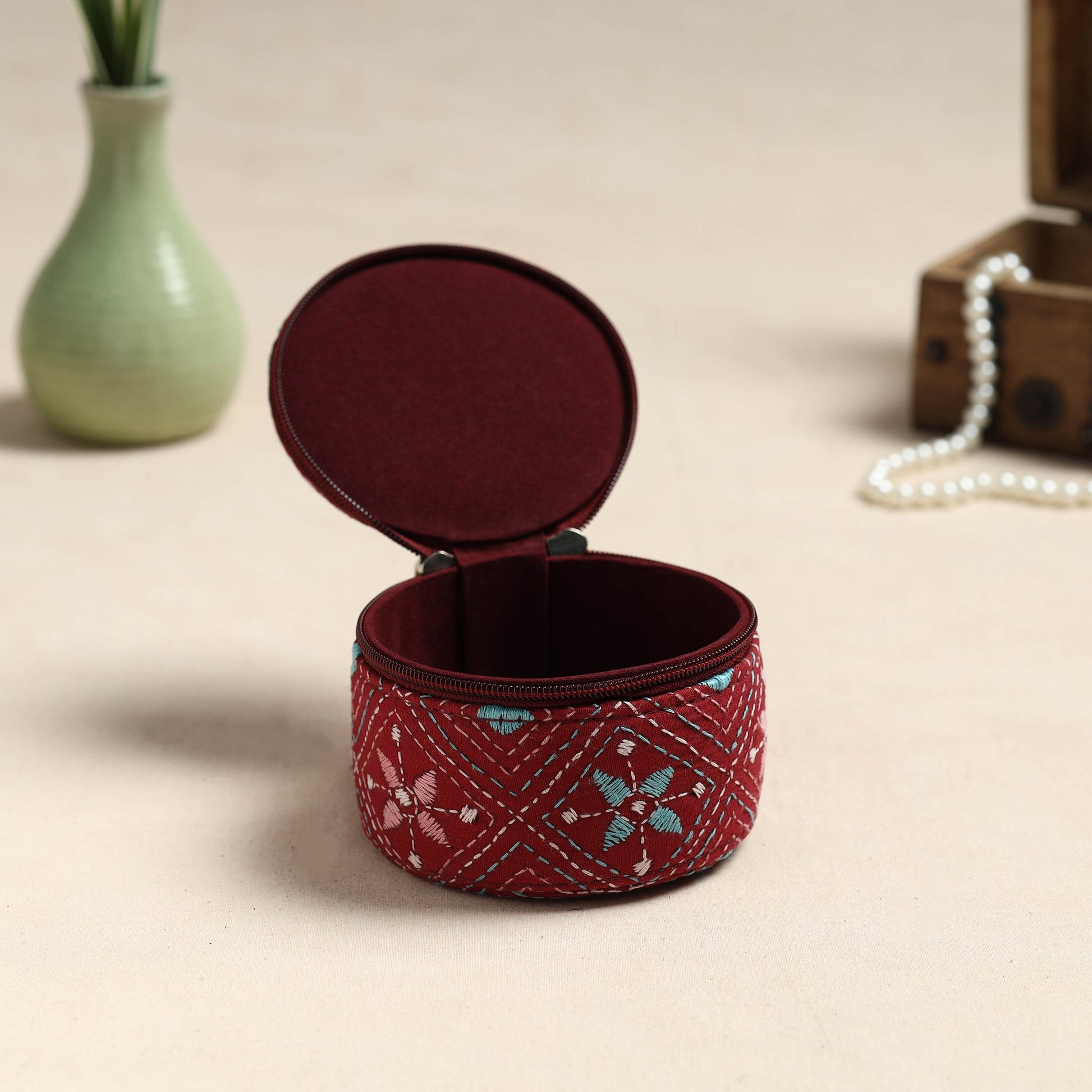 Bengal Kantha Work Handcrafted Round Utility Box