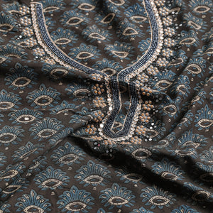 Brown - Bead Work Embroidery Ajrakh Block Printed Cotton Kurta Material - 2.5 meter