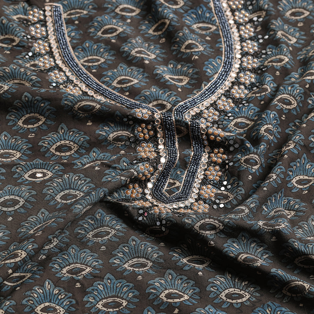 Brown - Bead Work Embroidery Ajrakh Block Printed Cotton Kurta Material - 2.5 meter