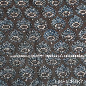 Brown - Bead Work Embroidery Ajrakh Block Printed Cotton Kurta Material - 2.5 meter